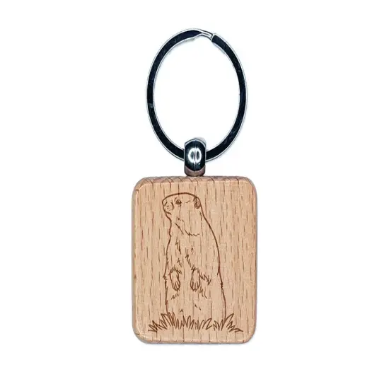 Groundhog Woodchuck Standing Up Engraved Wood Square Keychain Tag Charm {1}