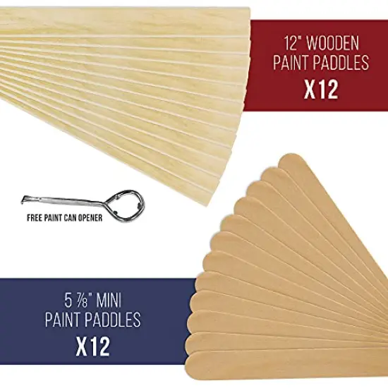 Premium Paint Mixing Essentials Kit. Comes with 12 Mixing Cups, 6 Lids, 12 Wooden 12" Mixing Sticks, 12 Wooden Mini Mixing Paddles, 12 HQ 190 Mesh Paint Strainers & Paint Can Opener. {4}