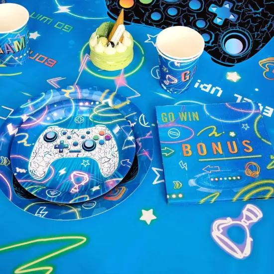 88 Pieces Gamer Birthday Party Decorations for Kids Boys Family Gaming Night Tableware Set Happy Birthday Banner Tablecloth Plates Napkins Cups Balloons Serves 16 Guests {5}