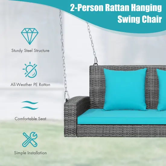 2-Person Patio PE Wicker Hanging Porch Swing Bench Chair with Cushion Turquoise {2}