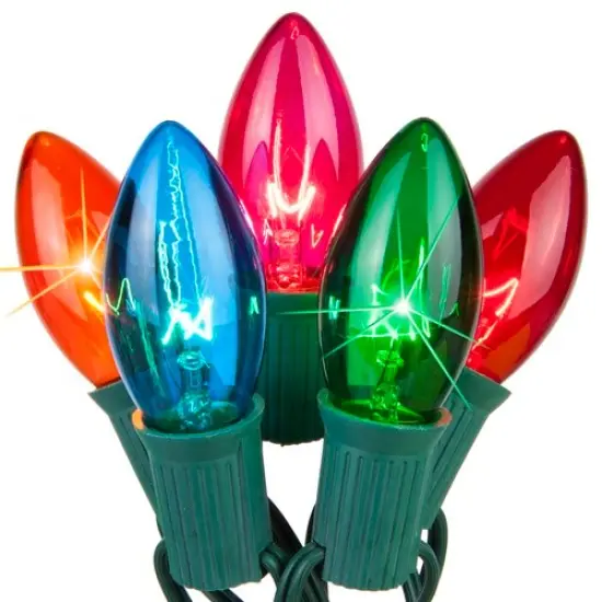 C9 Multi: Red, Blue, Amber, Green, Pink Transparent Twinkle 25 Set, Green Wire Multicolor {1}