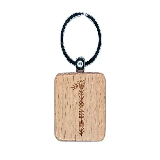 Elegant Botanical Floral Number 1 Engraved Wood Square Keychain Tag Charm {1}
