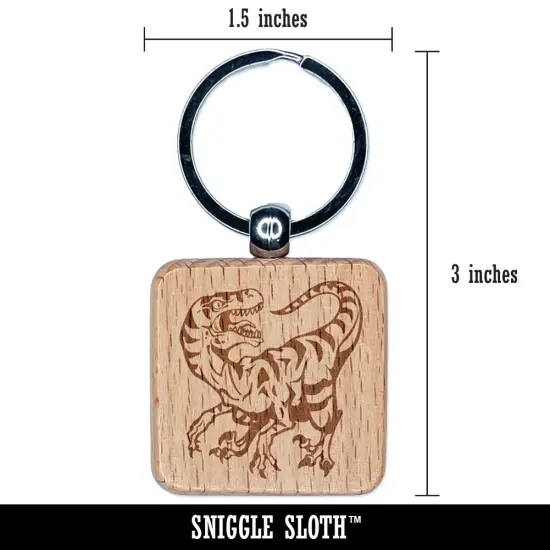 Striped Snarling Velociraptor Engraved Wood Square Keychain Tag Charm {2}