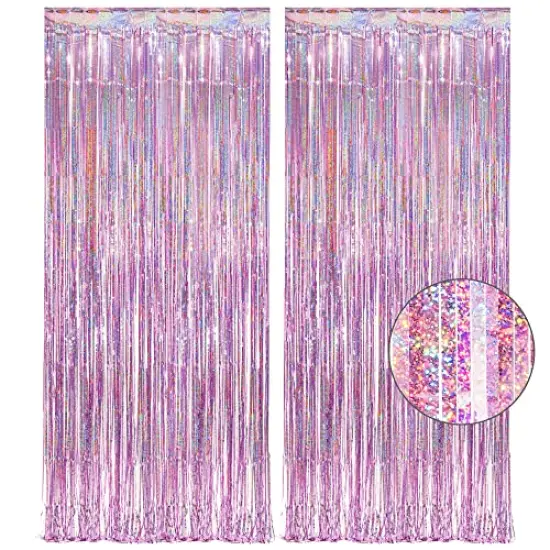 2 Packs Pink Tinsel Curtain Party Backdrop - Foil Fringe Curtain Lilac Pink Party Streamers for Birthdays Girl Princess Bachelorette Euphoria Theme Party Decorations {2}