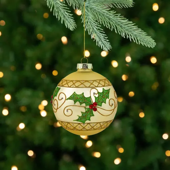 Northlight Glittered Holly and Berries Christmas Glass Ball Ornaments - 4" - Gold - Set of 2 {3}