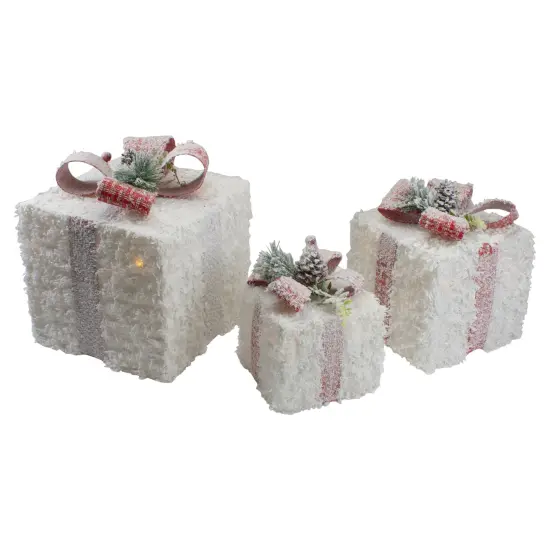 Northlight LED Flocked Rattan Christmas Gift Boxes with Pinecones - 10" - Set of 3 White {1}