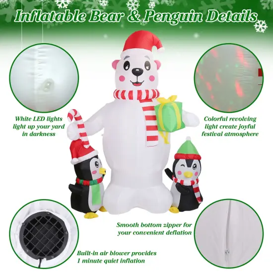 5.9FT Christmas Inflatable Outdoor Decoration Polar Bear Gift Box Penguin Blow Up Yard Decoration with LED Light Built-in Air Blower for Winter Holiday Xmas Garden {3}