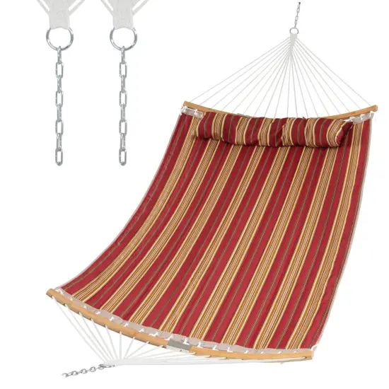 2-Person Outdoor Hammock with Pillow &ndash; Polyester Fabric, Bamboo Spreader Bars Red {1}