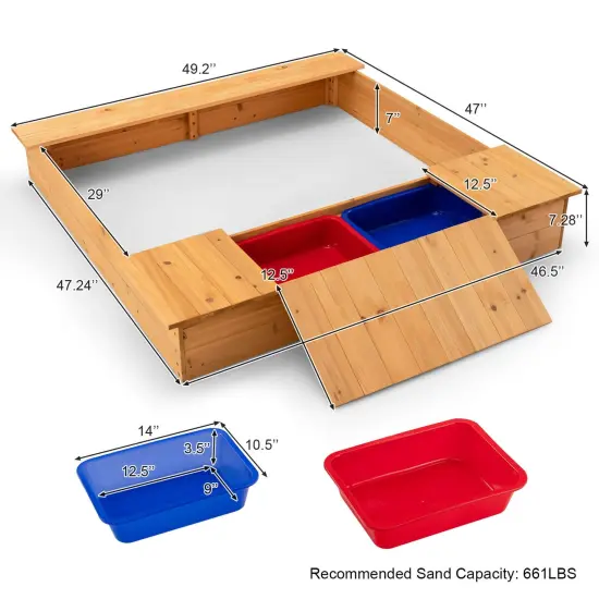 Kids Wooden Sandbox with Bench Seats and Storage Boxes {4}