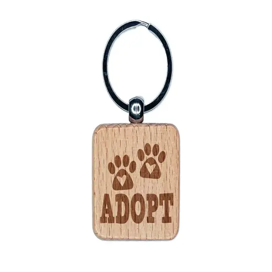 Adopt Dog Cat Paw Prints Hearts Love Fun Text Engraved Wood Square Keychain Tag Charm {1}