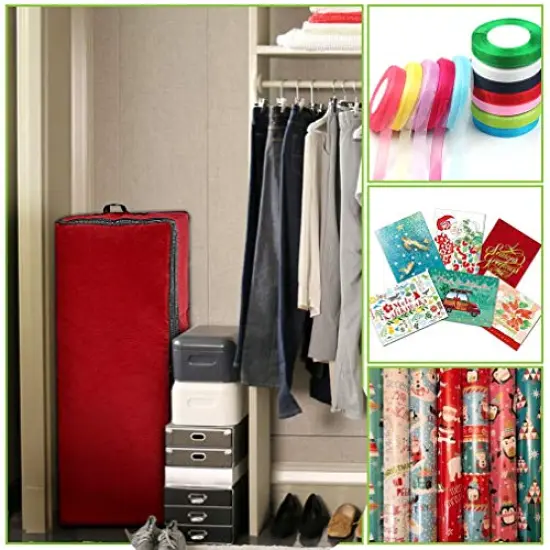 Wrapping Paper Storage Container | Gift Wrap Organizer Under Bed | 41”x14”x6” | Fits 18-24 Rolls Up to 40” | Durable 600D Oxford Material | Box Holder with Pockets for Ribbon, Bows and Accessories (Red) {5}