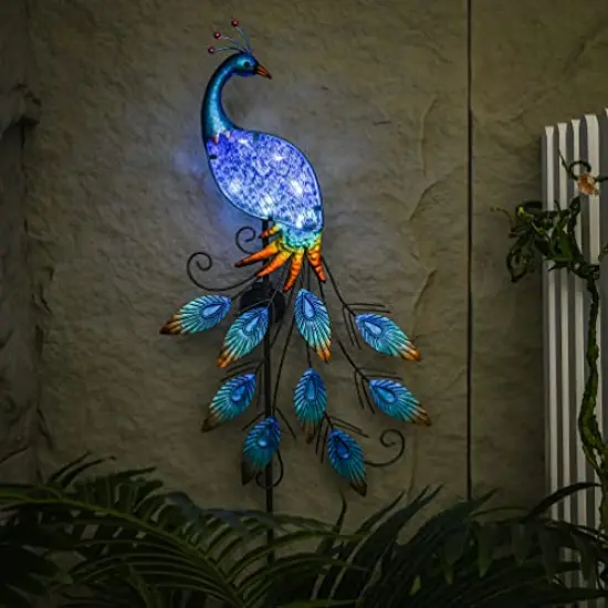 40"Glass Outdoor Decor Peacock Yard Art with Solar Garden Stake Lights, Glass Pathway Lights Lawn Ornaments for Patio, Backyard, Flowerbed, Pond, Outside Home Decorations {1}