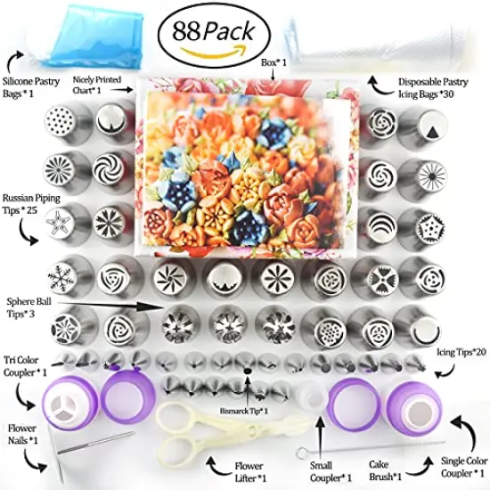 Russian Piping Tips Cake Decorating Supplies 88 Baking Supplies Set 49 Icing Piping Tips 3 Russian Ball Piping Tip, Flower Frosting Tips, Bakes Flower Nozzles Large Cupcake Decorating Kit {4}