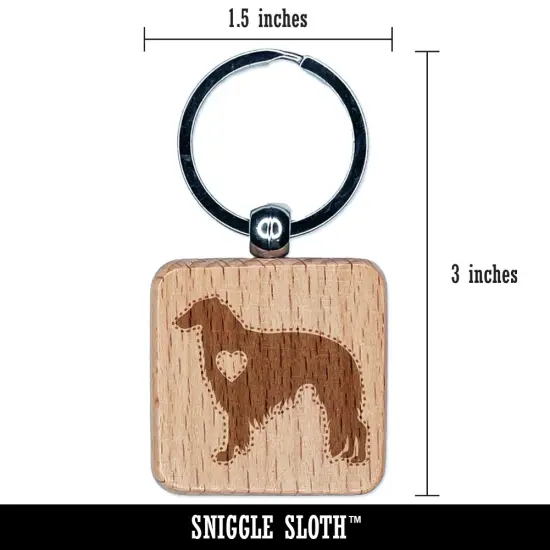Borzoi Russian Wolfhound Dog with Heart Engraved Wood Square Keychain Tag Charm {2}