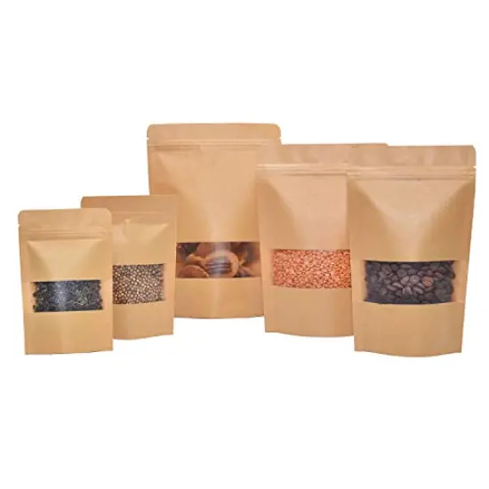 50 Pcs Self Sealing Sealable Packaging Paper Bags Waterproof Transparent Window Brown Stand Up Zipper Pouches Can Reusable for Food Tea Coffee bags Beans Nuts Seeds Dried Fruits Pouch (5.9"x8.6")&hellip; {1}