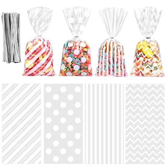 100 Pack White Cellophane Bags Plastic Candy Bags Gift Bags Goodie Bags with Twist Ties for Valentine, Birthday, Gift Cookie Snack Packing Party Favor Supplies {1}