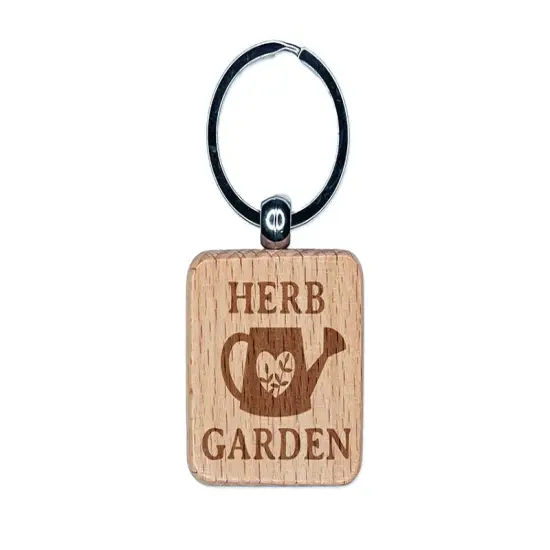 Herb Garden Watering Can Engraved Wood Square Keychain Tag Charm {1}