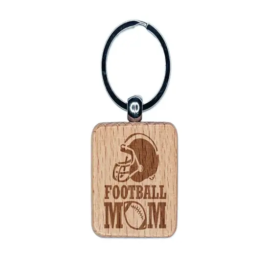 Football Mom Helmet Engraved Wood Square Keychain Tag Charm {1}