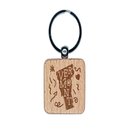 Vermont State with Text Swirls Engraved Wood Square Keychain Tag Charm {1}