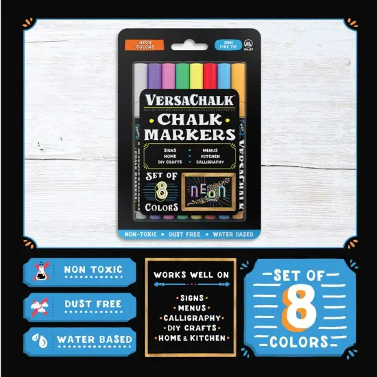 VersaChalk Neon Liquid Chalk Markers, Set of 8 - 3mm Tip {3}