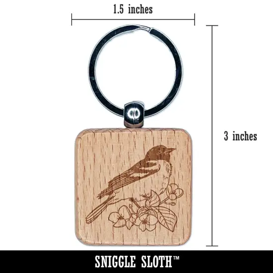 Baltimore Oriole Bird in Flowering Tree Engraved Wood Square Keychain Tag Charm {2}