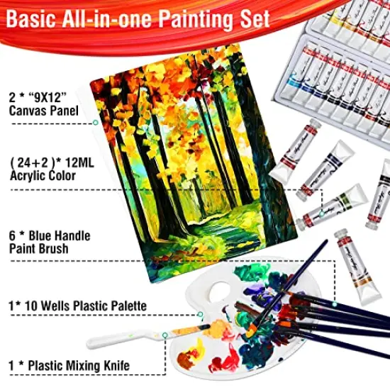 36 Pieces Acrylic Paint Set - Canvas Painting Kit with 26 Acrylic Paints, Nylon Brushes, Plastic Palette, Mixing Knife for Kids, Adults, Beginners, Hobbyists, Artists {1}