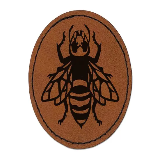 Asian Giant Murder Hornet Wasp Round Iron-On Engraved Faux Leather Patch Applique - 2.5" Brown {1}