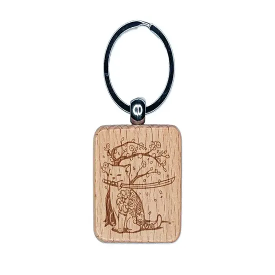 Samurai Cat Under Sakura Cherry Blossom Engraved Wood Square Keychain Tag Charm {1}