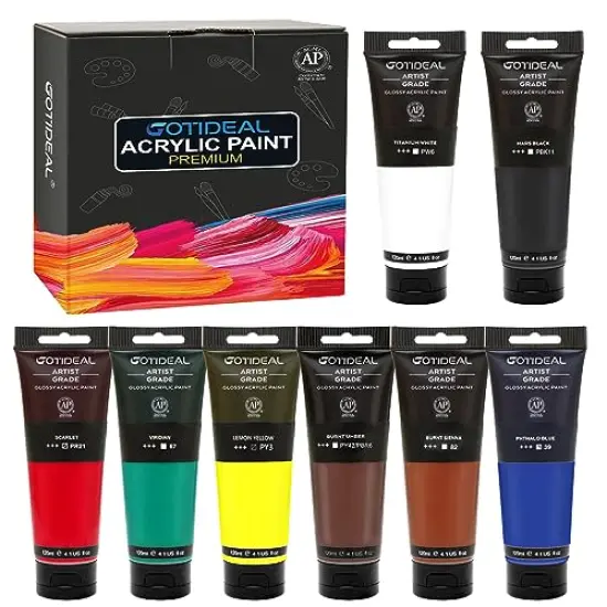 8 Primary ColorsCraft Acrylic Paint Set,（(120ml,4 oz) Rich Pigments Non-Toxic Washable, Professional Paint for Pouring on Canvas, Rocks, Ceramic, Fabric, Leather, Ideal for Artist, Adults {2}