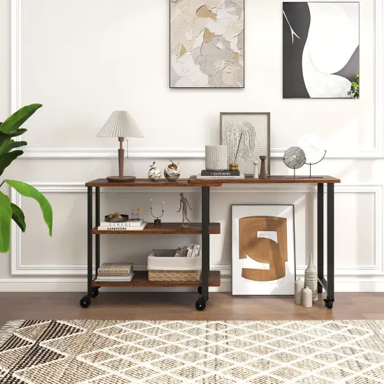 Rotating Sofa Side Table with Wheels Sliding Laptop Desk with Storage Shelves for Small Spaces Rustic Brown {1}