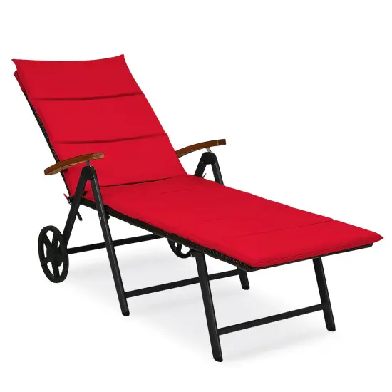 Folding Patio Rattan Lounge Chair with Wheels-Red {3}