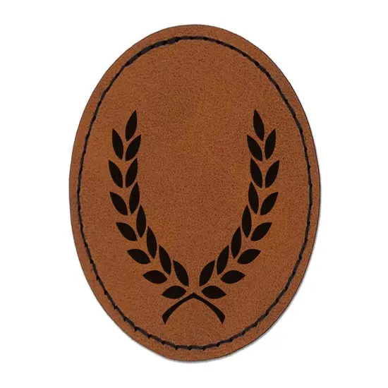 Wreath Laurel Branch Frame Round Iron-On Engraved Faux Leather Patch Applique - 2.5" Brown {1}