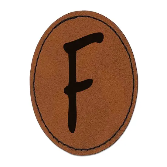 Letter F Uppercase Felt Marker Font Round Iron-On Engraved Faux Leather Patch Applique - 2.5" Brown {1}