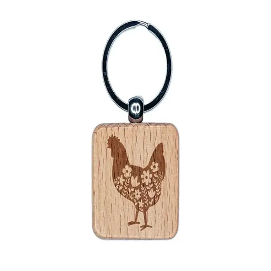 Floral Chicken Engraved Wood Square Keychain Tag Charm {1}