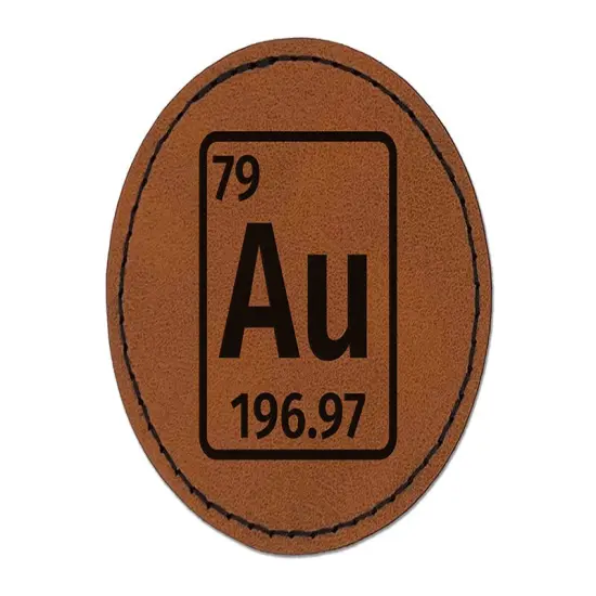 Gold Periodic Table of Elements Science Chemistry Round Iron-On Engraved Faux Leather Patch Applique - 2.5" Brown {1}