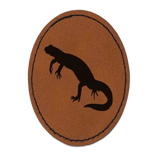 Newt Lizard Salamander Solid Round Iron-On Engraved Faux Leather Patch Applique - 2.5" Brown {1}