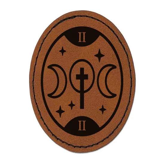 The High Priestess Tarot Card Round Iron-On Engraved Faux Leather Patch Applique - 2.5" Brown {1}