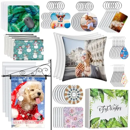 114Pcs Sublimation Blanks Products, Sublimation Blanks Set Including DIY Blank Makeup Bag, Keychain, Earring, Pillow Cover, Mouse Pad, Coaster Garden Flag for Sublimation Heat Transfer Christmas Craft {1}