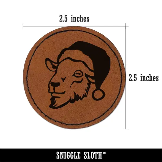 Goat Head with Santa Hat Christmas Round Iron-On Engraved Faux Leather Patch Applique - 2.5" Brown {2}