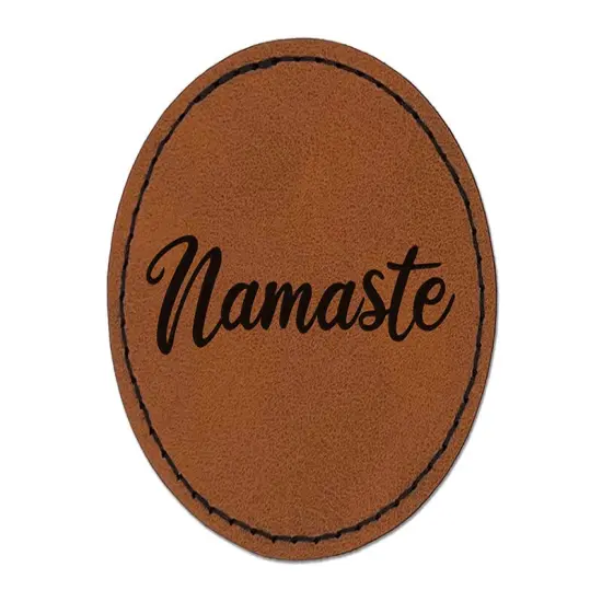 Namaste Script Font Round Iron-On Engraved Faux Leather Patch Applique - 2.5" Brown {1}