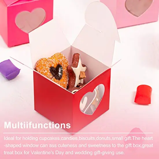 24 Pieces Valentine's Day Treat Boxes Red Rose Red Pink Heart Cardboard Box with Window 3 Inch Valentines Gift Container with Instruction for Goodie Cookie Candy Sweet Crafts Party Favor Supplies {5}