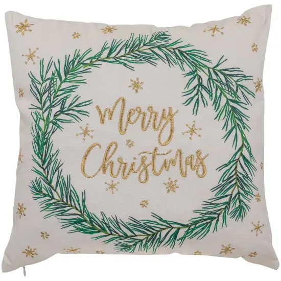 Northlight 18" Embroidered "Merry Christmas" Wreath Cotton Square Throw Pillow White {1}