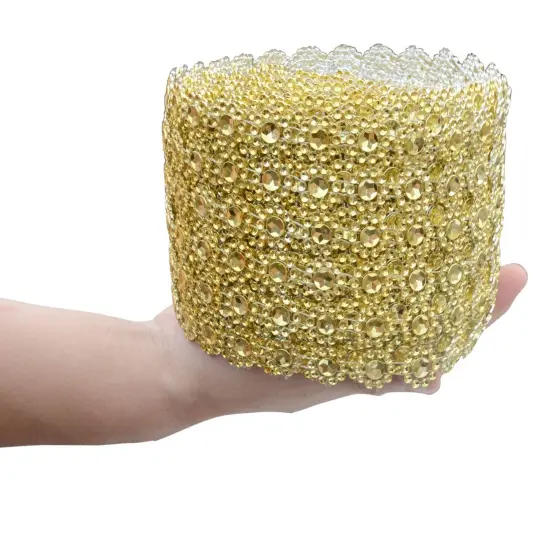 6 RowsCrafts Faux Diamond Bling Wrap 4" x 10 Yards Gold Flower Pattern Faux Rhinestone Crystal Mesh Ribbon Roll for Wedding, Party, Centerpiece, Cake, Vase Sparkling Decoration (Gold) {5}