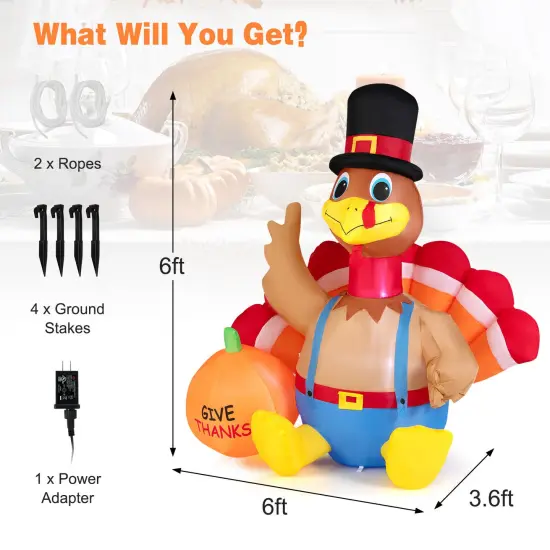 6 Feet Thanksgiving Inflatable Turkey with Pumpkin Fall Harvest Decor with Lights {4}