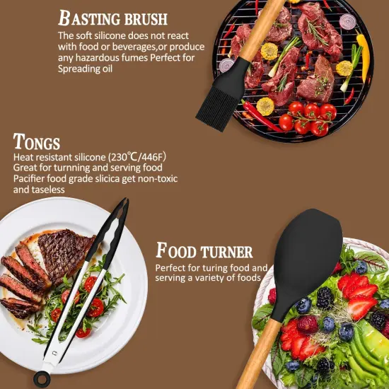 33 Pieces Chef Kitchen Cooking Utensils Set, Non-Stick Utensils Spatula Set with Holder, Black Wooden Handle Silicone Kitchen Gadgets {5}
