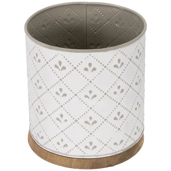 Northlight 6.5" White Round Embossed Utensil Storage Container with Wooden Base {5}