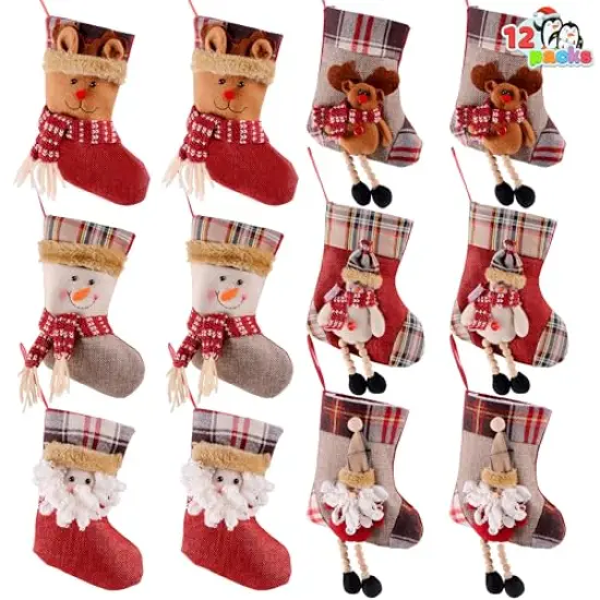 JOYIN 12 Pcs Mini Christmas Stockings 3D Bulk Xmas Stockings Santa Snowman Reindeer Burlap Stockings Holders Treat Bags Christmas Tree Decoration Xmas Party Decors {1}
