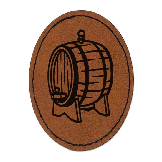 Serving Wine Wood Barrel Cask Round Iron-On Engraved Faux Leather Patch Applique - 2.5" Brown {1}