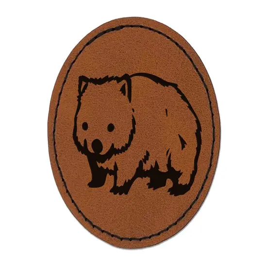 Cute Wombat Australian Marsupial Round Iron-On Engraved Faux Leather Patch Applique - 2.5" Brown {1}