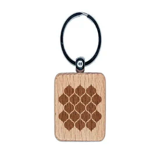 Quatrefoil Pattern Engraved Wood Square Keychain Tag Charm {1}